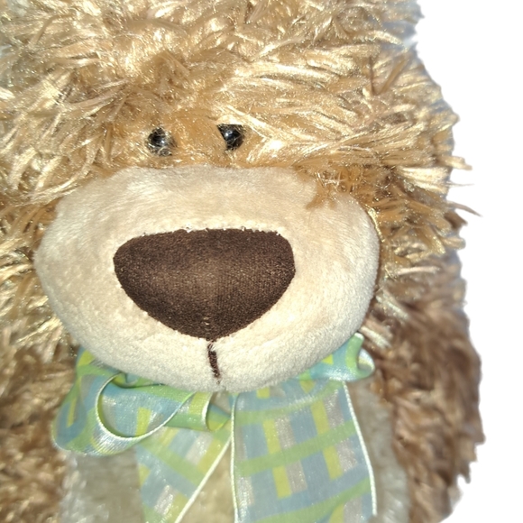 First and Main Plush Fluffy Brown Teddy Bear with Green Blue Plaid Bow Tie #1965 - Picture 3 of 9